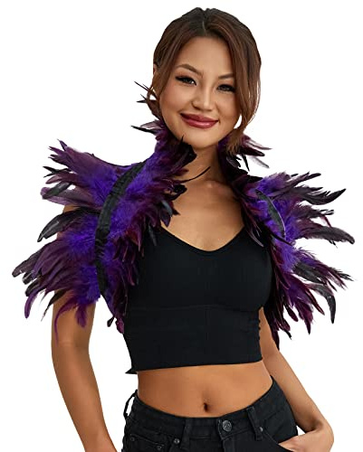 ESSECMBS Cape réaliste à plumes pour femme, costume gothique à lacets, châle, cape à plumes pour Halloween, cosplay, fête de Noël, violet, taille unique