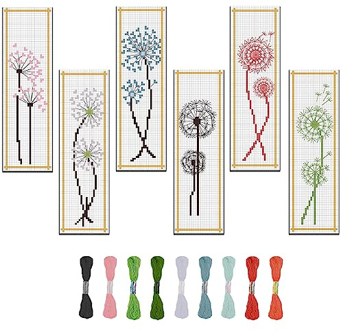 FREEBLOSS 6 Satz Stickerei Set Kreuzstich Set Kreuzstich Lesezeichen Stickerei Set Anfänger Kreuzstich Set Lesezeichen Pusteblumenmuster Cross Stitch Set mit Anleitung 6x20cm