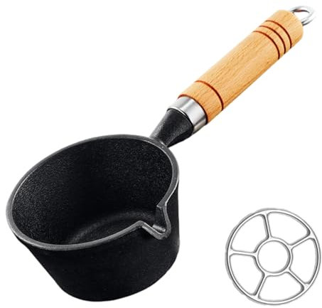 HMWOKPOT Mini Cast Iron Sauce Pot - Butter Warmer Pot Butter Melting Pot with Wooden Handle, Pour Spout & Stove Stand
