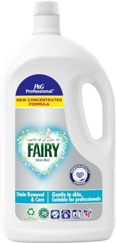 Fairy Non Bio Waschflüssiges Waschmittel, 4,05 Liter, 90 Waschgänge, Fleckenentfernung für Kleidung, hautschonend, für den professionellen Gebrauch geeignet