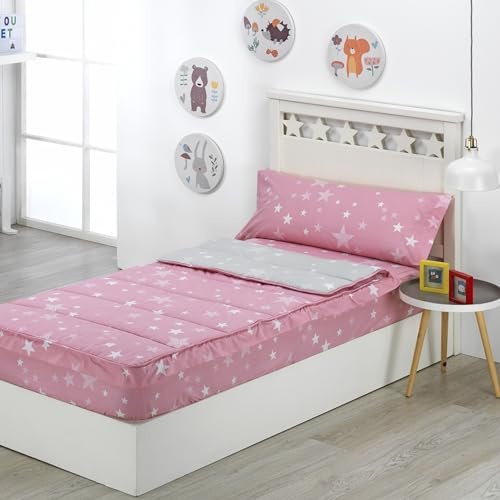 DHESTIA HOME - Saco Nórdico con Cremallera Edredón Ajustable Cama Infantil Estrellas Stars - Color Rosa, Talla Cama 105