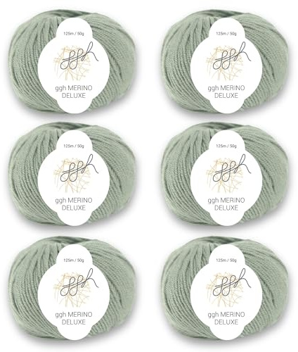 ggh Merino Deluxe – weiche Merinowolle zum Stricken – 300 g Garnset (6×50 g) – extrafine Merino Garn – Farbe 018 - Schilfgrün