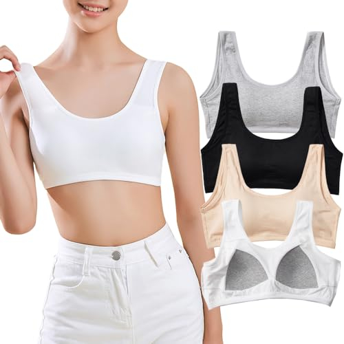 Girls Sports Bra CottonTraining Underwears with Fixed Bust Pad Teenage U Shape Back Bras Kids Seamless Sleep and Daily Crop Top for 10-14 Years, 4 Pack