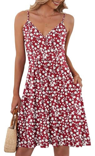 AUSELILY Ladies Summer Dress V Neck Black Spaghetti Strap Summer Dress Casual with Pockets Red Flowers XL