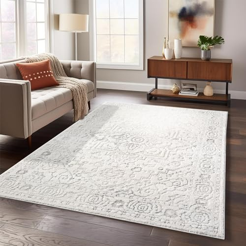 payé Teppich Wohnzimmer - 120x170cm Creme Hochtief Struktur Flachflor - Ornamte Muster Boho Wohnteppich
