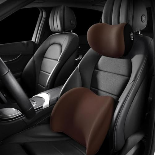 LUCKKY Car Lumbar Support Pillow and Car Neck Pillow Kit, Ergonomische Kopfstütze und Lendenkissen für Autositze, Memory Foam Sitzkissen Auto, Lendenwirbelstützkissen mit verstellbarem Riemen (Braun)