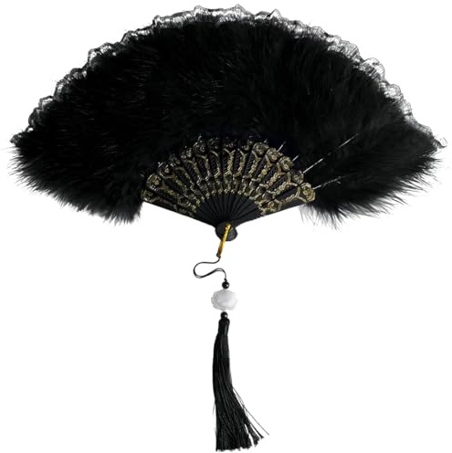 MKVZIYE Federfächer, zusammenklappbarer Federfächer im Vintage-Stil der 1920er Jahre, Flapper-Handfächer für Kostüme, Halloween, Tanzen, Hochzeit, Party, Abschlussball, Teeparty – Schwarz