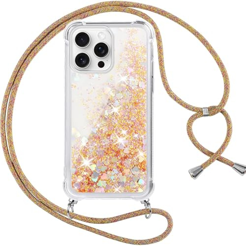 Vauki handyband für iPhone 16 Pro Max Hülle mit Band, Silikon Durchsichtig Transparent Flüssig Glitzer mit Kette Kordel Treibsand Necklace TPU Schutzhülle Case für iPhone 16 ProMax, Gold