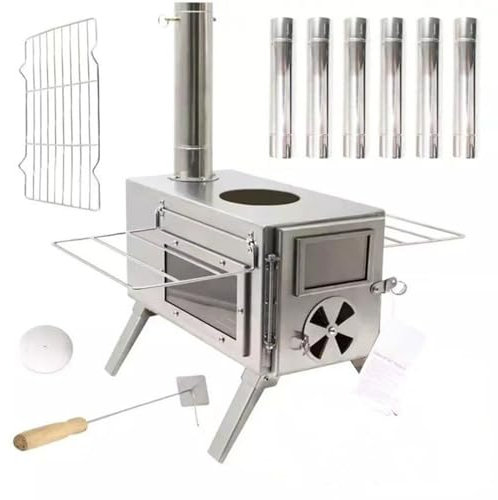 LESBJFDM Camping Stove, Mini tent Wood Stove Stainless Steel Portable Stove, Backpacking Wood Burning Stove for Picnic BBQ Camp Hiking with Grill Grid and Carry Bag