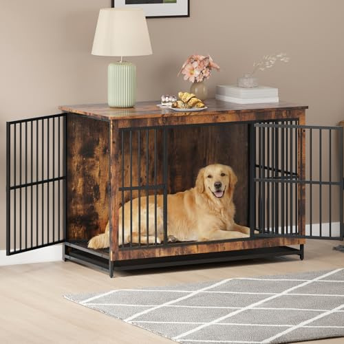 Hello-5ive Muebles grandes para perros, jaula de madera para perros con puertas dobles, perrera de interior resistente con bandeja extraíble para perros pequeños, medianos y grandes, mesa auxiliar,
