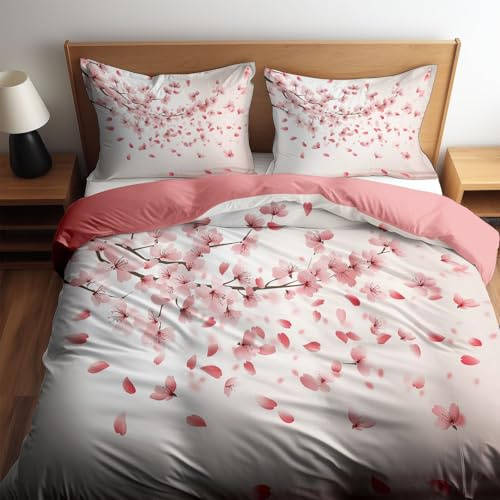 CozyRest Parure de Lit 90 x 190 cmFleurs de Cerisier japonaises élégantes Pêche Imprimé Housse de Couette en Polycoton pour Enfant, Ensemble de Literie 1 Personnes avec 1 Taie d'oreiller 65x65 cm