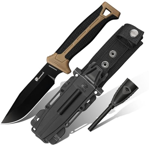 HX OUTDOORS Coltello da boscaglia extra affilato con accendifuoco, coltello da campeggio a lama fissa in acciaio D2 premium con fodero in plastica per l'outdoor, l'escursionismo, lo zaino (marrone)