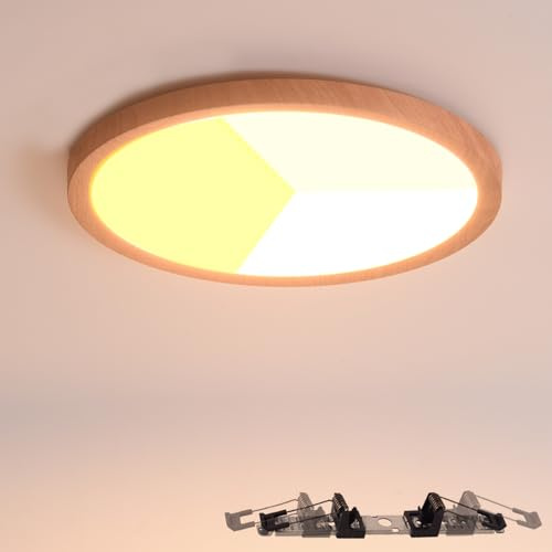 Alpinaluz Downlight LED Efecto Madera Ø225mm 18W – Plafón Superficie o Empotrable Ø65-200mm – CCT Selector de Color 3000K/4000K/6000K – Ultra Fino 17mm – IP44 para Baño, Cocina, Pasillo