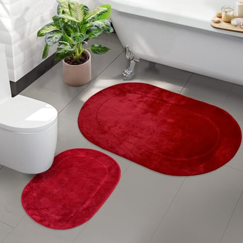 Bonny Home 2er Badteppich Rot rutschfeste Badematte mit Ledersohle | Weiche Bad- und Duschvorleger | Für Bad, Dusche und Toilette Maschinenwaschbar Badvorleger Rixos
