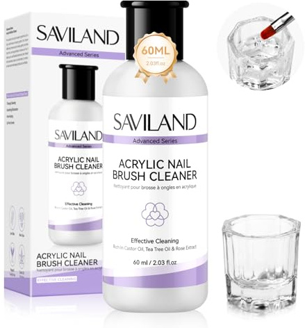 SAVILAND Acrylic Nail Brush Cleaner with Dappen Dish: Effective Cleaning Non-Irritating Acrylic Nail Art Brush Cleaner Removes Residue Natural Castor Oil Formula for Nail Brushes Salon & Home Use 60ml