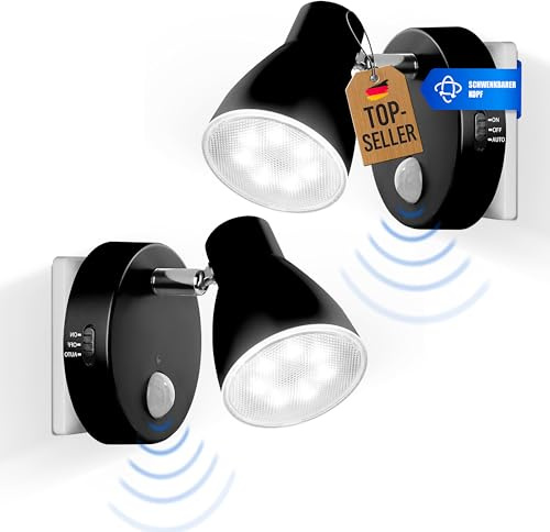 Trango 2er Set 2635-025 LED Nachtlicht MILO – Schwarz, mit Bewegungsmelder & Dämmerungssensor, Automatikfunktion, 230V Steckdosenlicht, drehbar & schwenkbar, Sicherheits- & Orientierungslicht