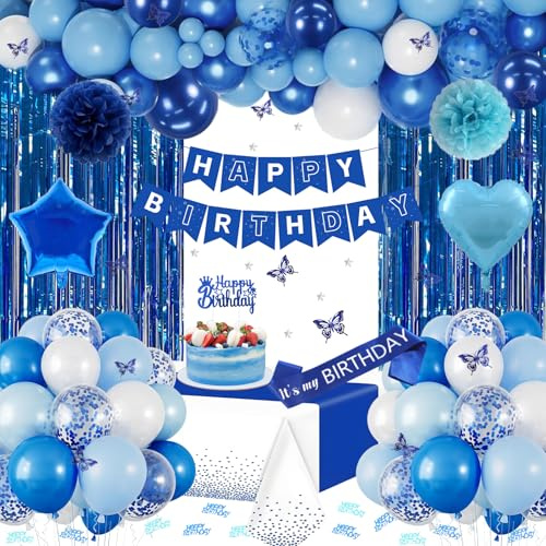 Blue and White Birthday Decorations with Happy Birthday Banner, Latex Confetti Star Heart foil Balloons, 3D Butterfly, Fringe Curtain, Tablecloth, Sash, Cake Topper, Pom Poms for Men Party Supplies