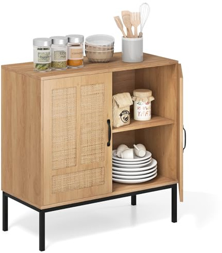 GIANTEX Sideboard mit 2 Rattantüren, Küchenschrank mit 3-Fach verstellbarem Regal, Buffetschrank Anrichte Holz, Beistellschrank mit Metallbeinen & Kippschutz, Kommode Küche & Wohnzimmer, 80x38x81 cm