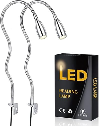 Licchily LED-Leselampe, Nachttischlampen, 200Lm / 3000K / 3W / 110-240V AC, Abstrahlwinkel: 30°, Schwanenhalslänge: 48cm, Netzkabellänge: 2m, Warmweiß, 2 Stück (Ein- / Aus-Schalter)