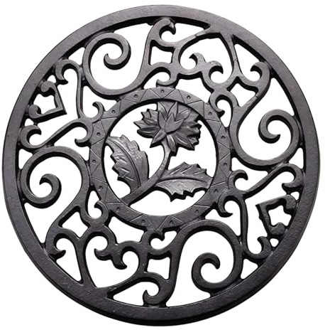 11.5CM Round Cast Iron Trivet Tea Pot Carved Stand, Delicate Vintage Pattern Heat-Insulation Ironwork Mat Metal Coasters with Peg Feet Protect Desktop Table Dining Decor Valentine's Day Gift (Black)