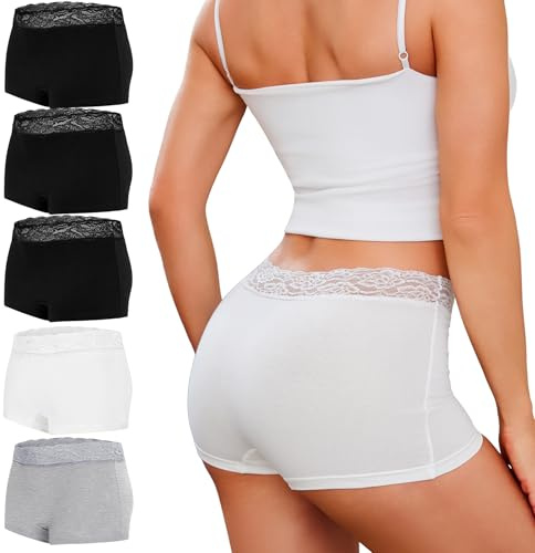 Leversic Boxershorts dam, kalsonger, spetstrosor, underkläder, kvinnor, bomull, stretch, hipster, bekväma shorts, flerpack, 5 st-3 svart + 1 grå + 1 vit, L