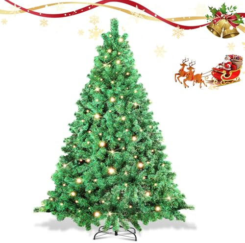Eikuavons Künstlicher Weihnachtsbaum mit Beleuchtung, 210cm Automatischer Tannenbaum Schwer Entflammbar, PVC Christbaum 1200 Spitzen inkl.Metallständer, 400 Warmweißen Leuchten, Grün
