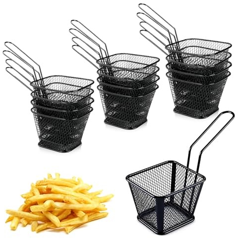 12 stycken pommeskorgar, friteringskorgar, små pommes, minichips i rostfritt stål, fritdjurskorgar för pommes, stekt kyckling, lökringar, räkor eller friterade livsmedel (svart)