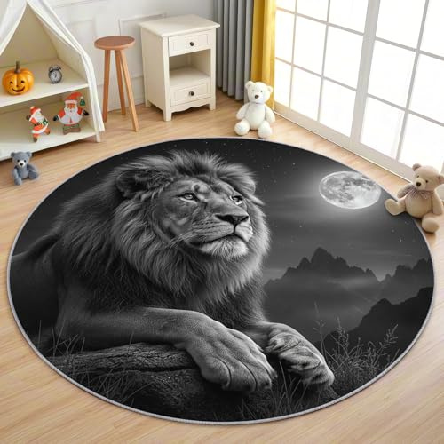 AevuCub Löwe Teppich Rund 90 cm Kurzflor - Waschbare Teppiche Wohnzimmer Modern Tiermotiv Löwe Kinder - Runder Teppich 90 Durchmesser Kinderzimmer - Bettvorleger Schlafzimmer rutschfest Weich