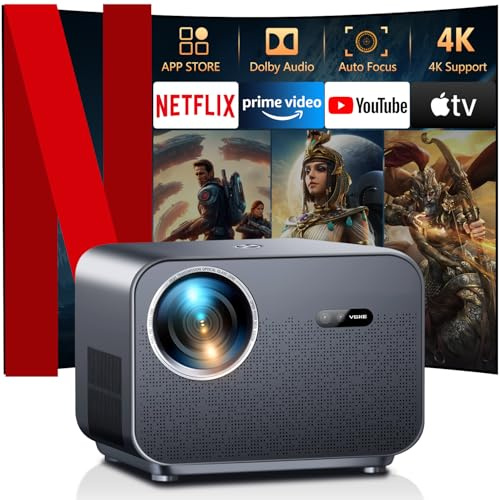 VGKE Smart Beamer 4k Heimkino, [Netflix Offizieller ＆ Autofokus] 1100 ANSI Lumen Full HD 1080p WiFi6 Bluetooth Projektor mit Dolby Audio, Automatische Trapezkorrektur Beamer Handy für Heimkino/Outdoor