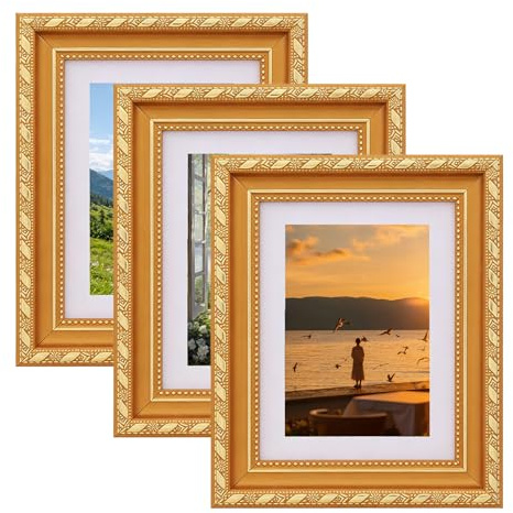 GAOUTO Juego de 3 marcos de fotos A4 dorados, 20 x 25 cm, vintage, barroco, marco de fotos dorado para colgar, para salón, dormitorio, estudio