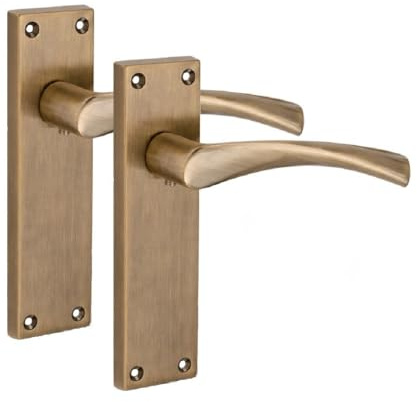 Golden Grace Victorian Astrid Scroll Door Handles, Antique Brass, 1 Pair | Includes spindle and fixing screws for quick installation, with 150mm x 40mm backplates and plain edge detail.