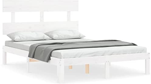 Qnhdfrt Massivholzbett, Bettgestell aus massivem Kiefernholz, Bett mit Kopfteil, rustikales Design, für Matratzen 120 x 190 cm, Schlafzimmer Möbel Weiß, Stabile Konstruktion