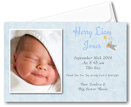20 Personalised Boys Blue Birth Announcement Cards - Baby Thank You Cards AC1