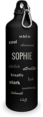 printplanet Trinkflasche mit Namen Sophie - graviert mit Positive Eigenschaften, Aluminiumflasche mit Gravur, Sportflasche - Farbe weiß/schwarz