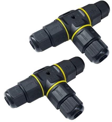 QitinDasen 2 Stück T-Form 3 Polig Wasserdicht Außen Kabelverbinder, IP68 Wasserdicht Abzweigdose Außen Kabelverbinder, für Kabeldurchmesser 5～9 mm (Schraube Typ)
