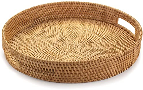 YANGQIHOME Rattan Round Serving Tray, Hand Woven Serving Basket with Cut - Out Handles, Wicker Fruit/Bread Serving Basket, 30 cm