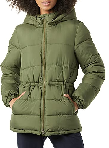 Amazon Essentials Veste d'hiver matelassée épaisse à Capuche avec Taille réglable pour Femme, Vert Olive, Taille S