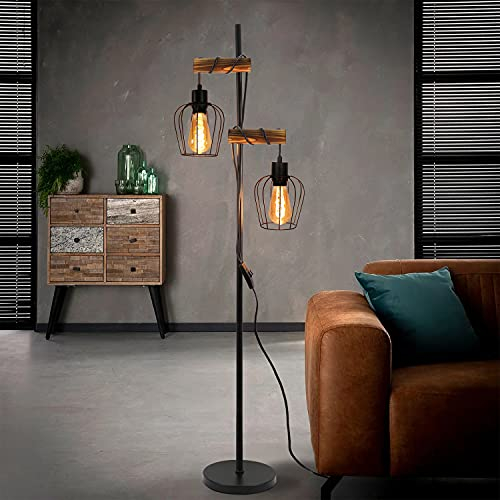 ZMH Stehlampe Wohnzimmer Holz Stehleuchte Schwarz - Vintage Wohnzimmerlampe stehend im Industrial Design Metall Standleuchte 2 flammig E27 Fassung 151cm Standlampe für Schlafzimmer (ohne Leuchtmittel)