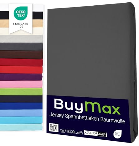 Buymax Spannbettlaken 140x200cm Baumwolle 100% Spannbetttuch Bettlaken Jersey, Matratzenhöhe bis 25 cm, Farbe Anthrazit ÖKO TEX Standard