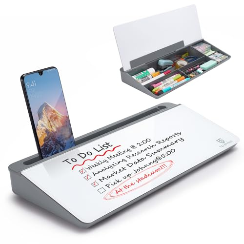 Lavagna bianca da scrivania in vetro, cancellabile a secco, supporto per tastiera del computer, con cassetto, organizer da scrivania con accessori per ufficio, casa, scuola