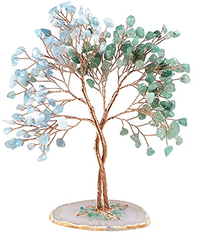 mookaitedecor Albero della vita con avventurina verde e acquamarina, cristallo curativo, albero dei soldi con base in agata, albero di cristallo verde e blu, regalo di buona fortuna per donne, Feng