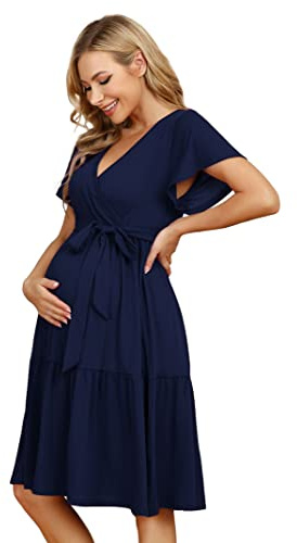 KOJOOIN Robe de maternité pour Femme Robe d'allaitement à col en V Robes de maternité décontractées à Volants,Bleu foncé1 (Manches Courtes),M