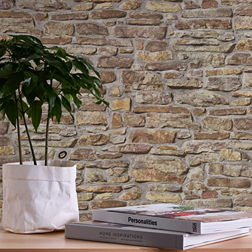 A.S. Création Bricks & Stones 388151 Non-Woven Wallpaper Natural Stone Wallpaper 10.05 m x 0.53 m Made in Germany Beige Yellow