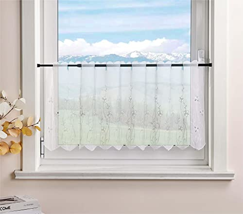Delien Scheibengardinen Küche Bistrogardine Landhaus B120 x H60 cm, Weiß | 1 Stück,Mit Blumenstickerei,Transparente Kurzgardine,Luftig und pflegeleicht,Modern Kurzstores,Kurz Schals für Klein Fenster