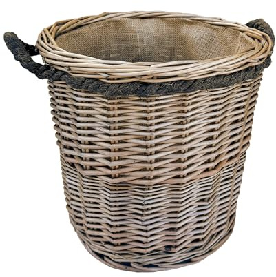 Arthur Cameron - Antique Wash Small Circular Round Lined Wicker Basket | Natural round wicker planter basket with a thick burlap lining, ideal for plants, logs, toys and everyday home storage.