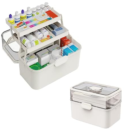 LIKEUDO 38 * 21 * 27cm 3 Schicht Weiß Tragbare Erste Hilfe Medizinbox Box Medizin Aufbewahrungsbox Medizinkoffer Organizer Hausapotheke Aufbewahrung Kasten Medizin Koffer Medikamentenbox