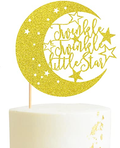 Arthsdite Twinkle Twinkle Little Star Cake Topper, Moon & Star Baby Shower Cake Topper, Gender Reveal Party Supplies, Baby 1st Birthday Party Decorations - Gold Glitter