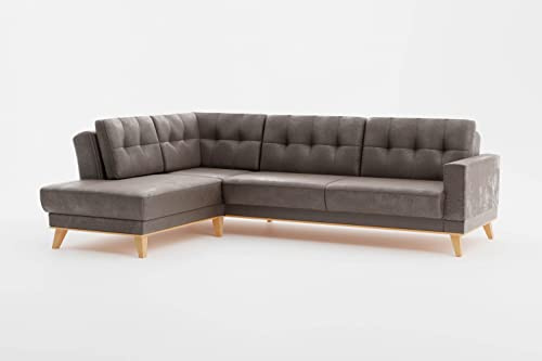 CAVADORE Ecksofa Lima mit Ottomane / Couch in L-Form in Wildlederoptik mit Schlaffunktion + Bettkasten / Holzrahmen + Steppung im Rücken / Mikrofaser, Hellbraun