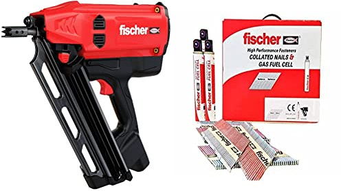 fischer 560041 FGW 90F Gas Framing Nailer, Nail Gun, Red & Black & Nail Fuel Pack 51x2.8mm Ring Galv, 534703, Metal