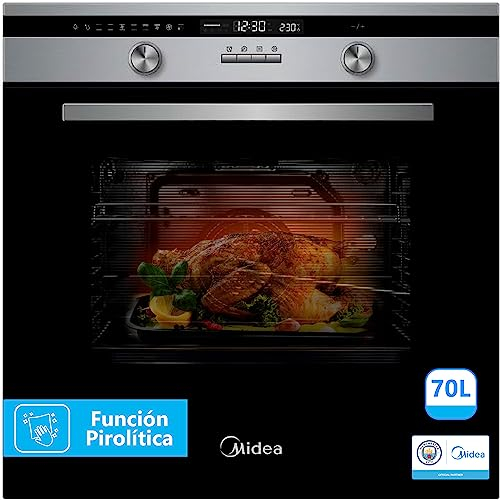 Midea Horno Pirolitico Eléctrico Empotrable Multifunción 70L - Función Pirolitica con 14 funciones - Aire Caliente de 60 cm ancho, con Panel Digital, Mandos Push y Luces Led | Negro/Inox